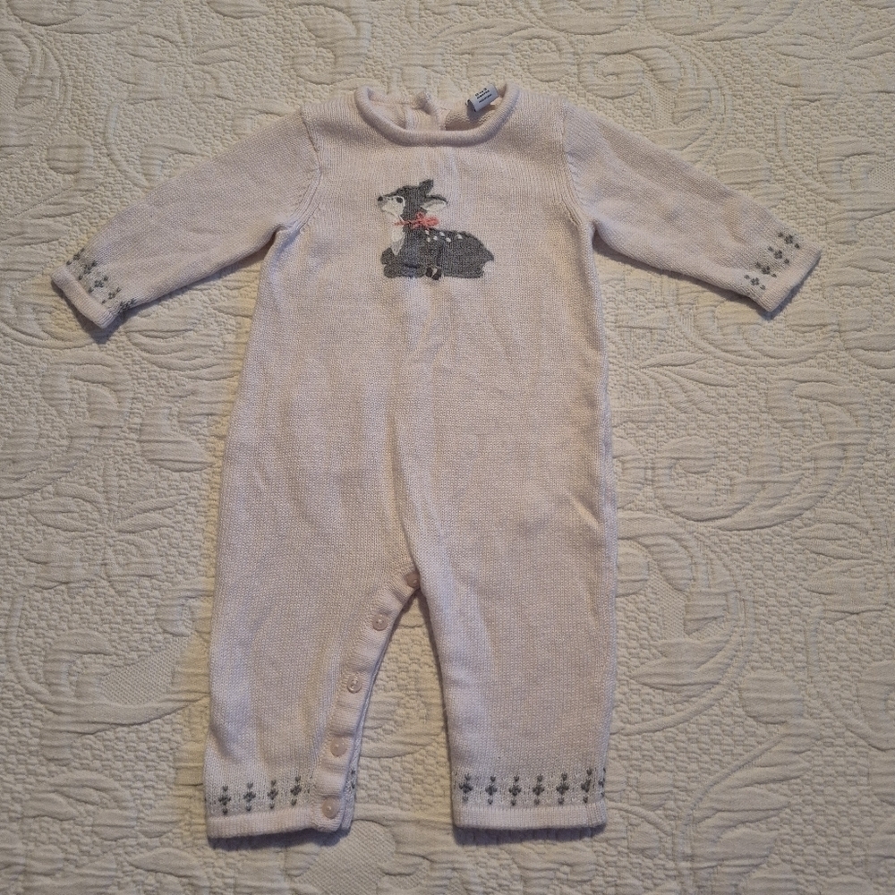 Janie and Jack girls size 0-3 months knit romper pink with deer design VGUC